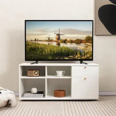 Image de Meuble TV blanc - 4 compartiments ouverts - Pieds réglables - Rangement en bois pour téléviseurs jusqu'à 49 pouces