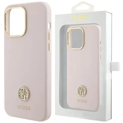 Obrázok produktu pre Guess Silicone Logo Strass 4G (GUHCP15XM4DGPP) – silikónový ochranný kryt s 4G logom a kamienkami pre iPhone 15 Pro Max – svetloružový