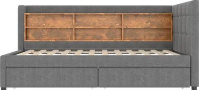 Produktbild von Stauraumbett mit Schubladen, Lattenrost, Regal, USB und Type-C Anschluss, 90x200 cm, Einzelbett, Polsterbett, Leinen