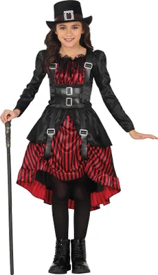 Produktbild von Steampunk Gothic Kinderkostüm Zauberwelt Halloween Mädchen Outfit Schwarz Rot, Größe: 110/116 Farbe: Schwarz / Rot