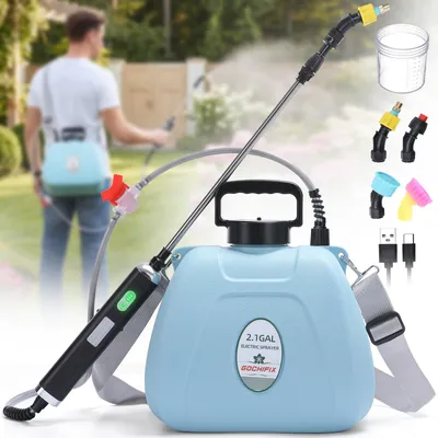 Produktbild von GOCHIFIX Elektrischer Gartensprüher 8L Akku Drucksprüher USB Wiederaufladbar mit 4 Düsen Teleskoplanze Schultergurt für Garten Pflanzen Rasen, Blau