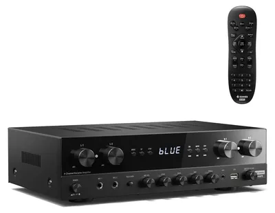 Image de Amplificateur stéréo, amplificateur 4 canaux avec une puissance maximale de 1000 W et Bluetooth 5.3, USB, FM, 2 entrées microphone, connecteurs RCA, entrée fibre optique/coaxiale, idéal pour une utilisation à la maison, pour le karaoké et pour les haut-parleurs de cinéma