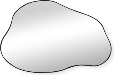An abstractly shaped mirror with a black frame on a white background.