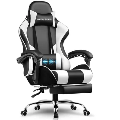 Obrázek produktu pro GTPLAYER Herní židle, kancelářská židle, ergonomická židle k počítači, herní křeslo s masážní opěrkou bederní páteře, opěrkou nohou a opěrkou hlavy, bílá umělá kůže