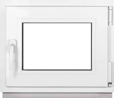A white window frame with a clear glass pane, a white handle on the left, and hinges on the right.