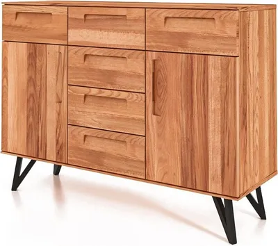 Produktbild von Kommode Rolo aus Kernbuche massiv 136x45x100 m. 2 Türen 6 Schubladen Metallbeine