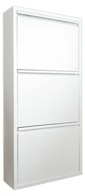 Produktbild von Schuhschrank aus Metall mit drei Türen mit Klappe, Farbe weiß, Maße 50 x 103 x 15 cm