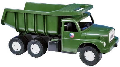 A green toy dump truck is shown against a white background.
