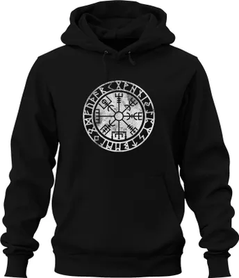 Obrázok produktu pre Vegvisir Viking Compass Nordic Runic Circle Protection Symbol North Uni mikina s kapucňou, čierna, L