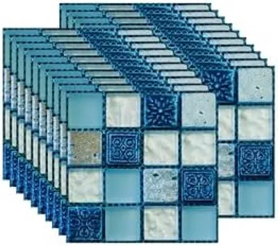 Produktbild von PromoHome® 20 Stück selbstklebende Fliesenaufkleber, hitzebeständig, wasserdicht, für Küche, Bad, Mosaik, blau (10 x 10 cm)