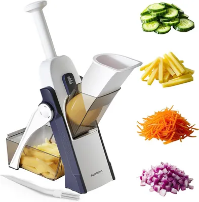 Produktbild von SupMakin Gemüseschneider Mandoline Hobel mit 4 Schneidmodi verstellbar 0,1-8 mm Edelstahlklinge inklusive Auffangbehälter und Reinigungsbürste