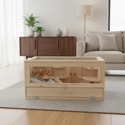 A hamster cage is placed on a rug in a living room setting, with a couch and cabinet in the background.