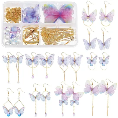 Image de Kit de fabrication de boucles d'oreilles comprenant le matériel pour réaliser 10 paires de boucles d'oreilles en forme de papillon, avec des pendentifs en tissu et des perles en verre