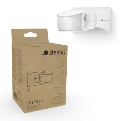 Imagen del producto de Detector de movimiento Steinel, modelo Basic, sensor de 120°, alcance de 10 metros, apto para interiores y exteriores, grado de protección IP54, montaje superficial en pared y techo, color blanco