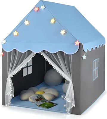 Produktbild von GOPLUS Kinderhauszelt, Spielzelt mit Netzfenster, Großer Raum, Stern-Lichterkette, Baumwollmatte, Gaze-Vorhänge, Spielhaus Klappzelt, Geeignet für Kinder ab 3 Jahren (Blau)