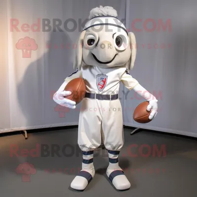 Produktbild von Weißer REDBROKOLY Maskottchen Kostüm mit American-Football-Helm gekleidet in einen Faltenrock und Einstecktücher