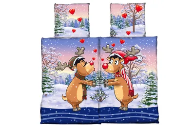 Produktbild von Partner Bettwäsche Set 4-teilig Mikrofaser Thermofleece Rehpärchen Winter Schnee Design Blau Rot 135x200 cm