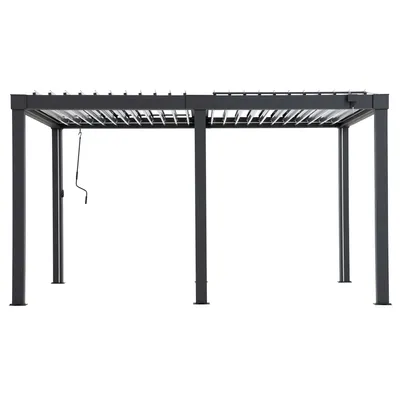 A dark grey metal pergola with adjustable louvers on the roof, shown from the front against a white background.