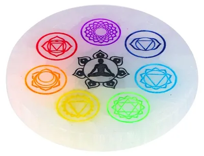 Produktbild von Selenit-Energiescheibe mit Chakrasymbolik bunt Ø10cm