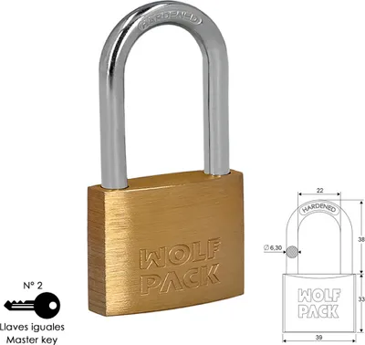 Obrázek produktu pro Mosazný visací zámek s dlouhou smyčkou, stejný klíč, 40 mm. Č. 2