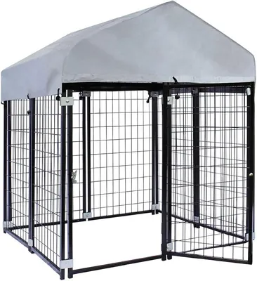 Productafbeelding van Hondenkennel met overkapping, 121 x 121 x 137 cm. Hondenhuis met zonnedak, robuust buitenhuis voor honden, gemaakt van staal