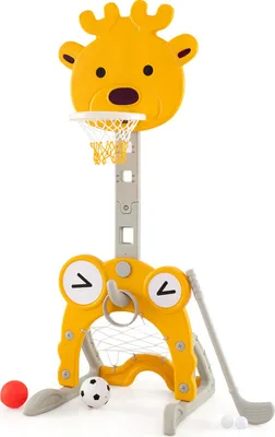 Immagine prodotto di COSTWAY Canestro 4 in 1 per bambini, supporto per pallacanestro regolabile in altezza con canestro, porta da calcio, lancio di anelli, golf, palline e mazza da golf, per bambini 3+giallo