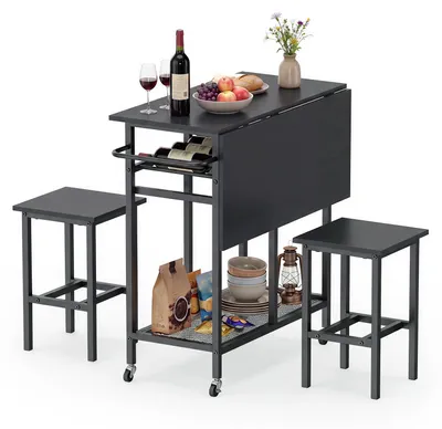 Immagine prodotto di Set tavolo da pranzo KOMFOTTEU, composto da un tavolo da cucina pieghevole a 3 pezzi con 2 sedie, un tavolo da bar con scaffale per vino e ripiano, un set tavolo da pranzo con ruote per 2 persone, e un set tavolo da bar per soggiorno, sala da pranzo e cucina