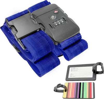 Produktbild von Intirilife Koffergut Gepäckgurt mit Zahlenschloss und Namensschild in Blau - 200 - 100 x 5 cm / 145 - 171 x 5 cm - Gepäckband mit Kofferanhänger und TSA-Zahlenschloss