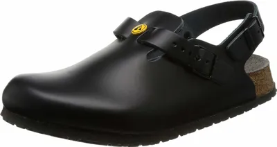 A black Birkenstock shoe with a strap and buckle.