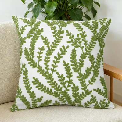 Immagine prodotto di Cuscini decorativi, 45x45 cm, set da 1, motivo foglie tropicali verdi, ricamati, in poliestere e cotone