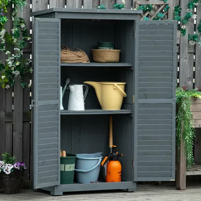 Produktbild von Gartenschrank Tannenholz, Geräteschuppen wetterfest, Gerätehaus Pultdach Lamellentür, Grau | 87 x 46,5 x 160 cm | 3 Fächer | 14 kg