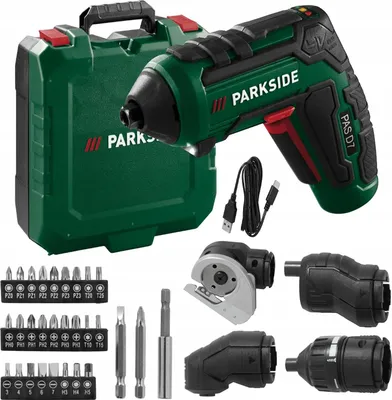 A collection of tools and accessories for a cordless screwdriver, including the screwdriver itself, a carrying case, various bits, and interchangeable attachments.
