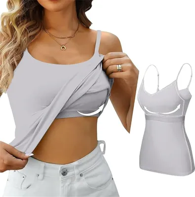 Produktbild von ASKSA Damen Unterhemd BH Hemd Basic U-Ausschnitt Eingebauter BH Tank Top, Grau, Groesse: L