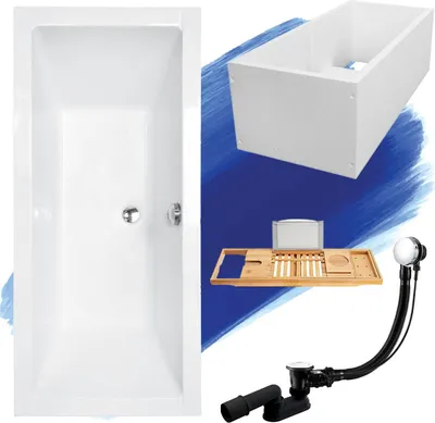 Produktbild von Badewanne Rechteck Set 5in1 170x75 mit Premium Ablaufgarnitur und Füßen GRATIS + Wannenträger + Bambus Holzablage | BADLAND QUADRO
