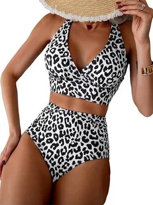 Zdjęcie produktu dla Bikini damskie panterkowe wiązane na szyi wysoka talia strój kąpielowy