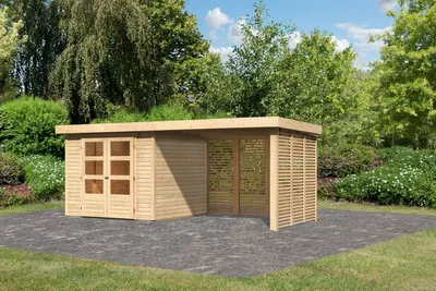 Produktbild von Karibu Gartenhaus Gerätehaus Askola 3,5 im Set mit Anbaudach 2,80 m Breite und Feuerholzoption naturbelassen 500x246x211 cm