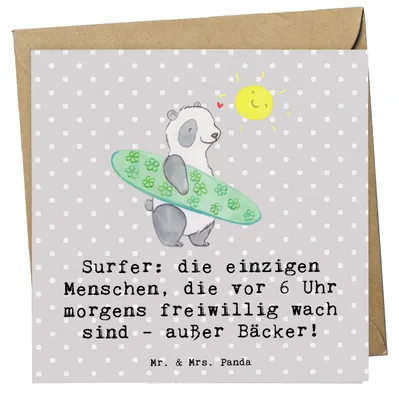 Produktbild von Mr. & Mrs. Panda Grußkarte Surfen Frühaufsteher - Grau Pastell - Geschenk, faltkarte, Glückwunschkarte, Strand, anlasskarte, Sportler, Früher Vogel, Geschenke, Klappkarte