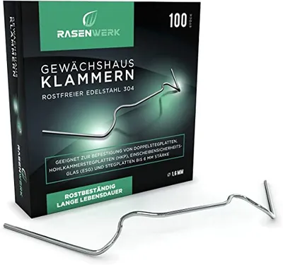 Produktbild von RASENWERK® - Gewächshausklammern aus 304 Edelstahl (rostfrei) - 100 Stück - Gewächshausklemmen mit hoher Spannkraft - Montageklammern für Glashaus – Gewächshaus Zubehör - 95 x 40 mm - 1,6 mm Dicke