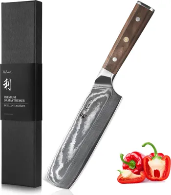 Produktbild von Hickory Damast Nakiri Messer I 18 cm Gemüsemesser aus 67 Lagen Damaststahl mit VG10 Kern I Walnussholzgriff I inkl. Geschenkbox