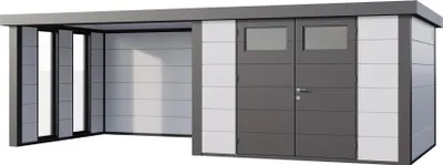 Produktbild von Telluria Metallgerätehaus Classico 3330 mit Lounge Anbau (ca. 344 cm Breite) weiß Lounge-Anbau links inkl. 2 Fenstern