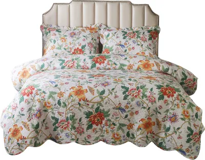 Produktbild von Gesteppte Tagesdecke Set 3-teilige reversible Patchwork-Bettdecken Weiche gebürstete Mikrofaser-Doppelkönigin-Steppdecke mit 2 Kissenbezügen, Vintage-Gelb-Streublumen,Queen-Size (230 x 250 cm)