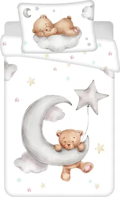 A baby bedding set featuring a teddy bear illustration.