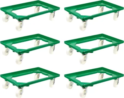 Produktbild von SparSet 6x Transportroller für Euroboxen 60x40cm mit Kunststoffräder grün | Offenes Deck | 2 Lenkrollen & 2 Bremsrollen | Traglast 300kg | Kistenroller Logistikroller Rollwagen Profi-Fahrgestell