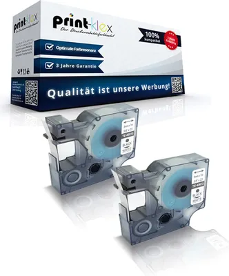 A product shot of two label maker cartridges in front of a box.