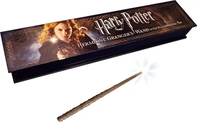 A Harry Potter Hermione Granger wand with an illuminated tip, presented with its packaging.
