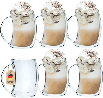 Image de Intirilife 6x verre thermique à double paroi - style incurvé - capacité 200ml - soufflé à la bouche isolé pour latte macchiato, comme verre à thé ou à café avec anse