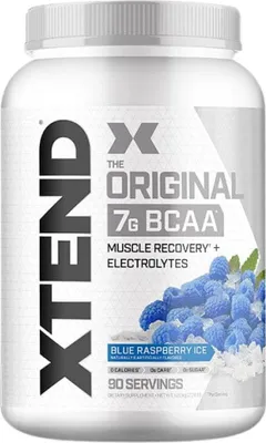 A product shot of a white plastic tub of Xtend BCAAs supplement powder.
