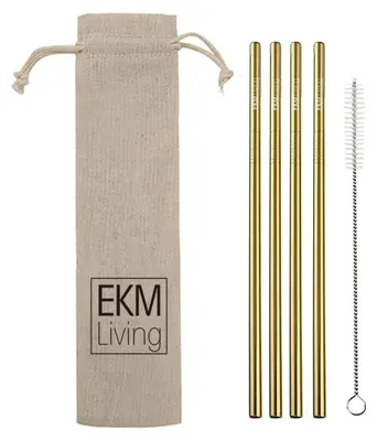 Zdjęcie produktu dla Zestaw 4 złotych prostych słomek do picia ze stali nierdzewnej, niełamliwe, wielokrotnego użytku, można myć w zmywarce, bez plastiku, firmy EKM Living GmbH