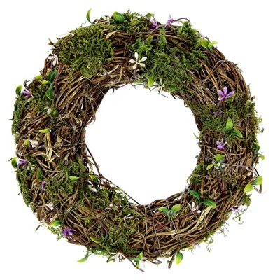 Produktbild von Weidenkranz mit Blättern und Moos, romantische Dekoration, Blumenkranz, Rattankranz, Dekokranz, Kerzenkranz, Kunstblumendekoration, Landhauskränze, Rohling, Osterdekoration, Frühjahr, Frühling, ca. 25x25x6 cm