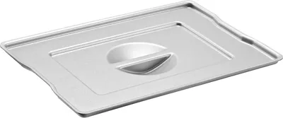 A close-up, slightly angled shot of a rectangular metal lid with a raised handle in the center, set against a plain white background.